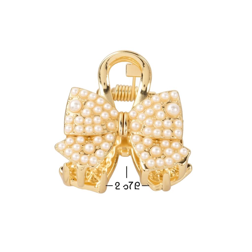 Metal Pearl Small Hair Claw Clip Luxury Bow Shaped Side Claw Hairpin with Rhinestones Small Size Hair Accessory for Bangs Styling