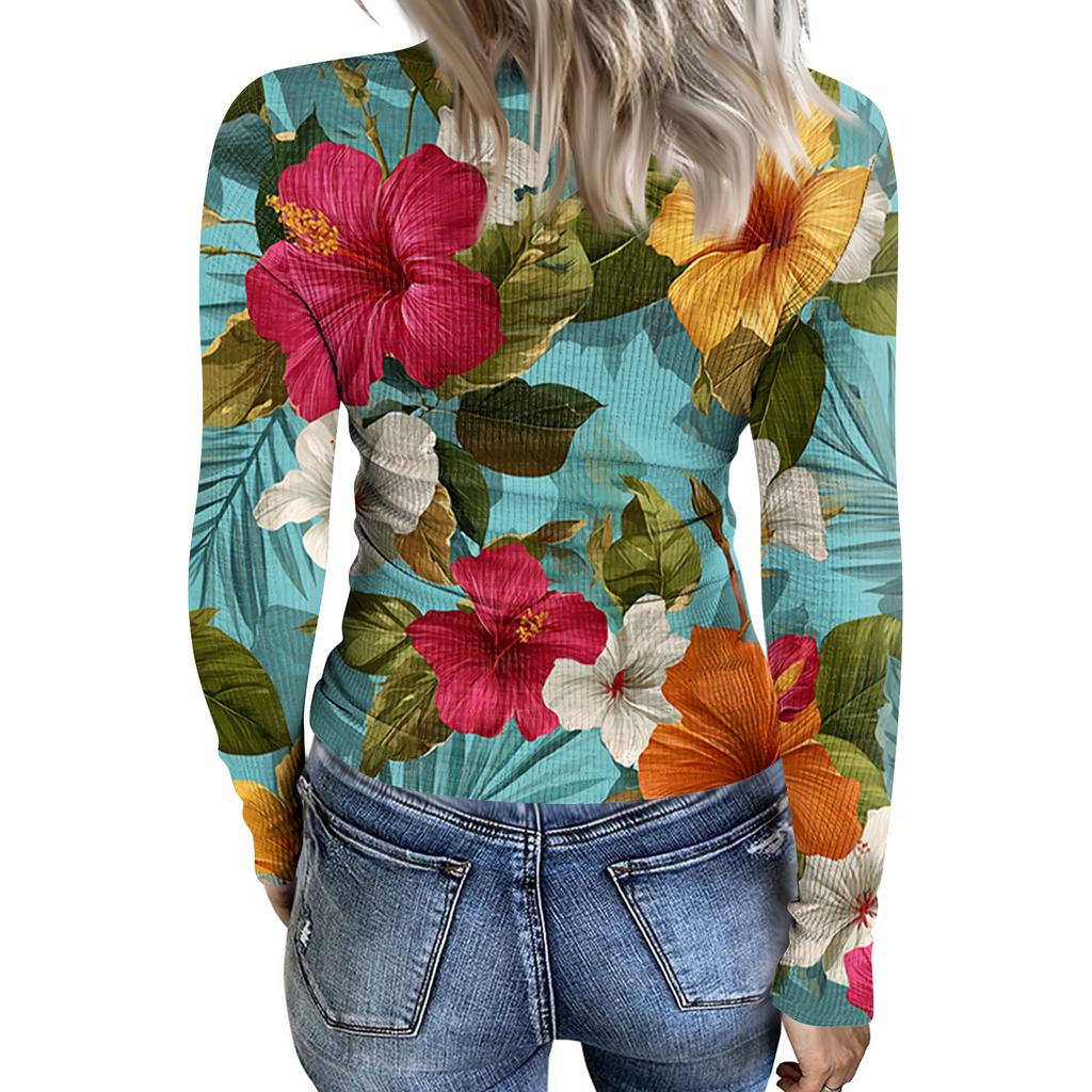 Damen Lässiges Mode-Oberteil mit Rundhalsausschnitt, Hawaiianischem Print und Langen Rippbündchen