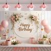 2D Happy Birthday Backdrop, Pink Gold Floral Balloon Photography Background Banner for Girls Birthday Party