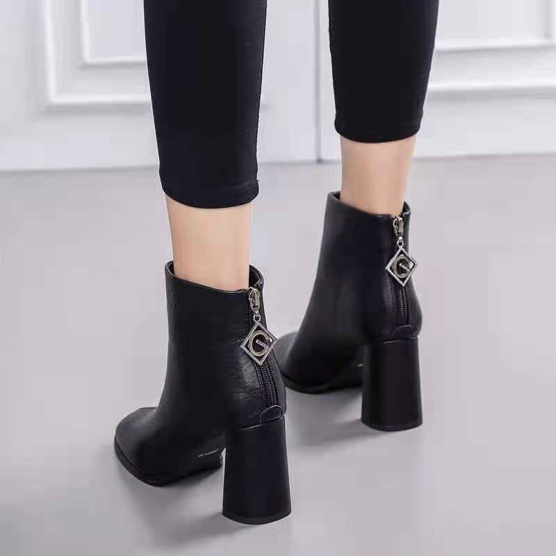 Women's High Heel Ankle Boots: British Style, Chunky Heel, Square Toe, Slim Fit – Perfect for Autumn and Winter.