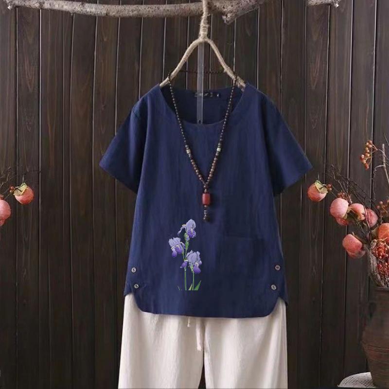 Retro Style Linen Tee, Women's Summer Graphic Shirt, Short Sleeve Crew Neck, S-4XL