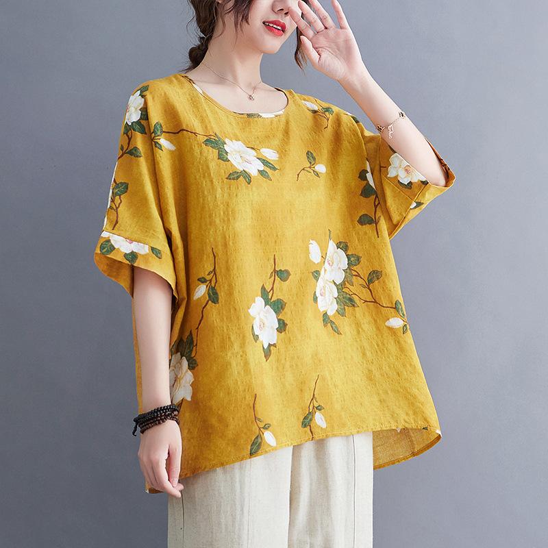 Maglietta larga di grandi dimensioni, casual, con stampa floreale, camicetta inferiore per donna, vintage, scollo a V, maniche a pipistrello, top per donna
