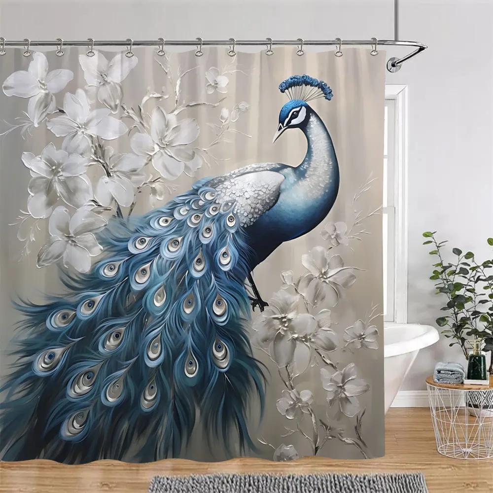 Vintage Peacock Shower Curtain Beautiful Turquoise Blue Peacock Floral Polyester Fabric Shower Curtain Bathroom Decor with Hooks