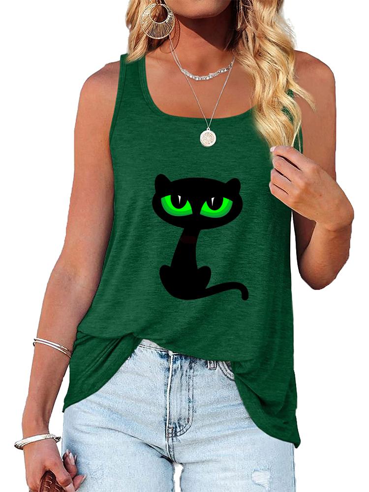 Women Fashion Round Neck Loose Tank Top Summer Casual Printed Sleeveless Shirt