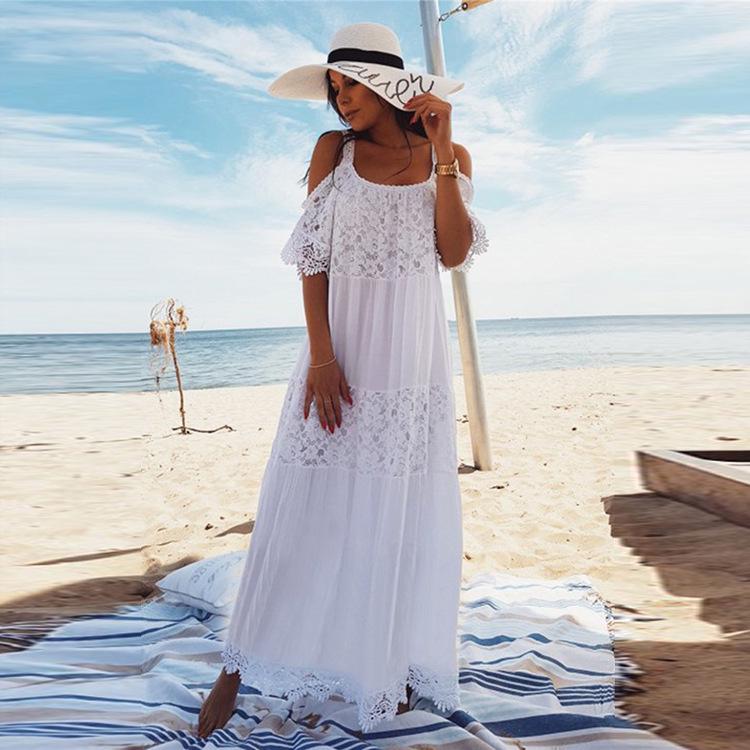 European & American Cotton Blend Lace Embroidery Spaghetti Strap Beach Cover-up Dress