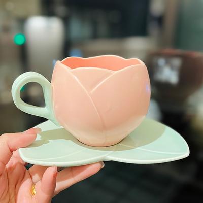 Relief Ceramic Tulip Shaped Coffee Cup with A Niche Design Sense  Office Girlish Heart  High Appearance Level Exquisite Cup and Plate