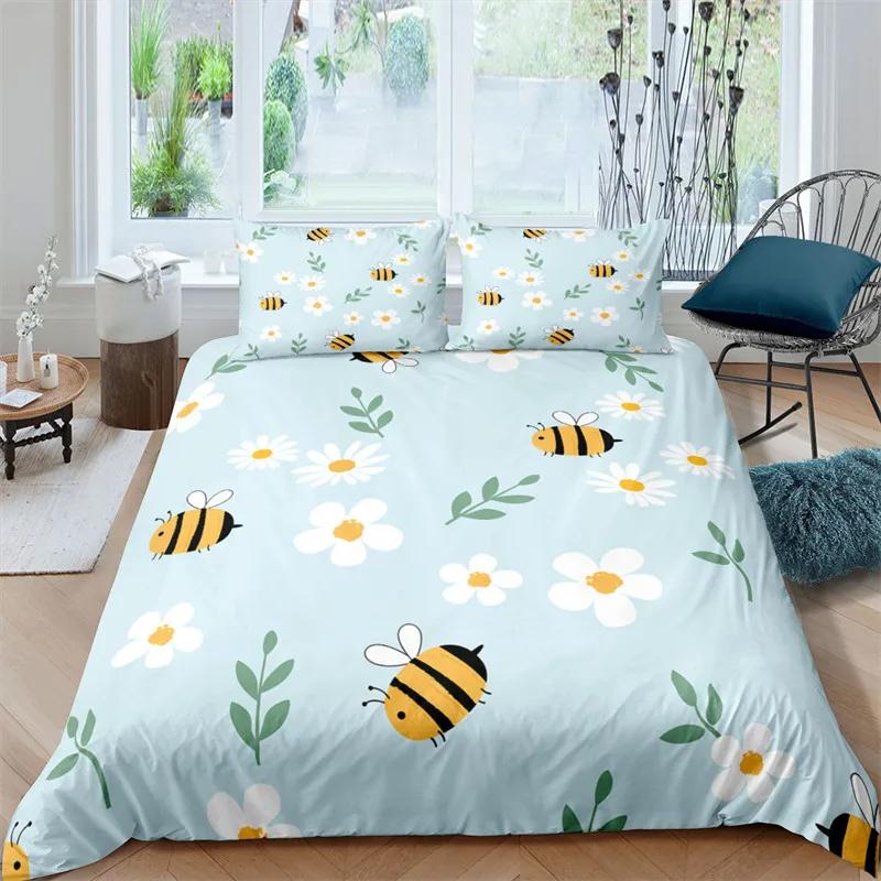Bee Honeycomb Bedding Set Flying Wildlife Geometric Floral Duvet Cover Twin King Size Microfiber Hexagon Beehive Comforter Cover