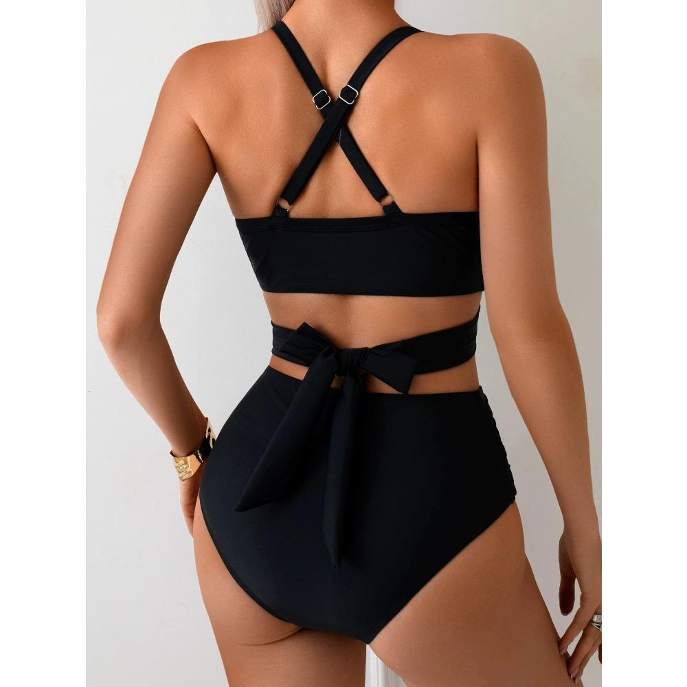 Sexy Black Mesh Patchwork Bikini Set 2025 Women Hanging Neck Bandage Cross High Waist Swimsuit Beach Bathing Suit Swimwear
