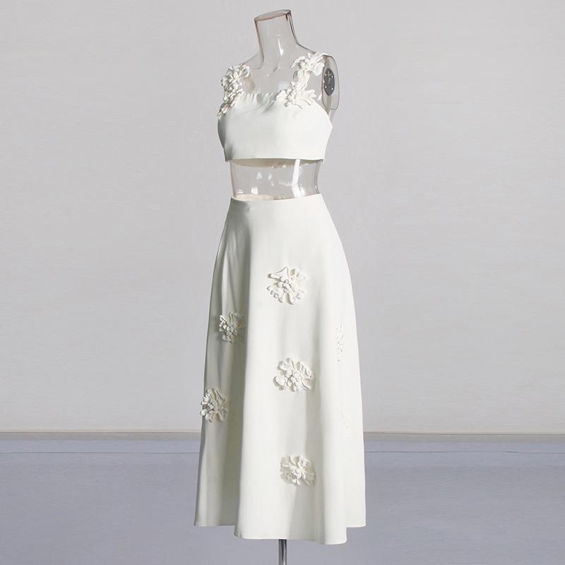 2025 French Retro Summer Floral Spliced High-Waist Midi Skirt and Sling Top Set