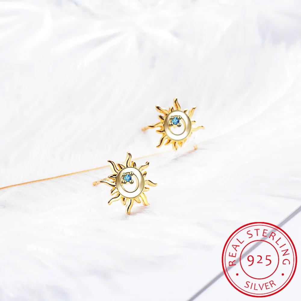 925 Sterling Silver Blue Crystal Zirconia Hollow Sun Stud Earrings for Women Cute Sun Gold Silver color Fashion Party Jewelry