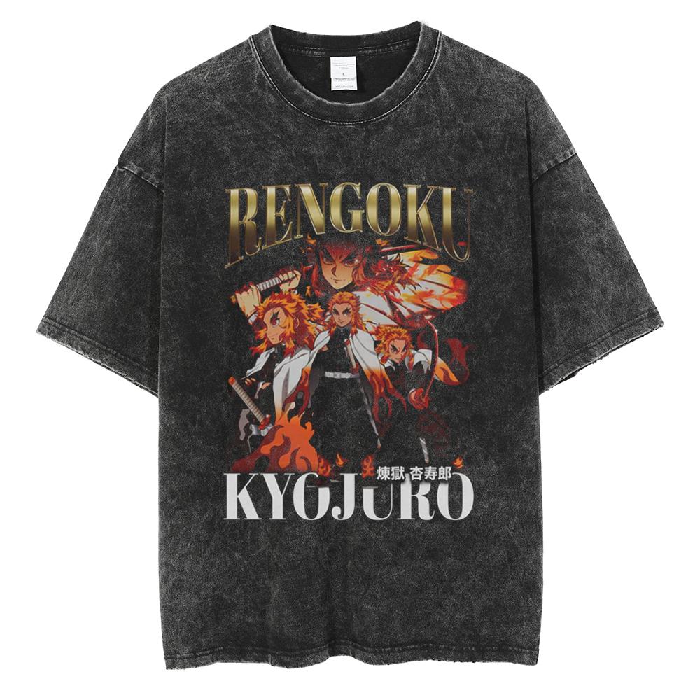 Anime Demon Slayer Rengoku Kyoujurou Print T Shirt Men Women Washed Cotton Tshirts Manga Tee Harajuku Male Casual Loose T-shirt