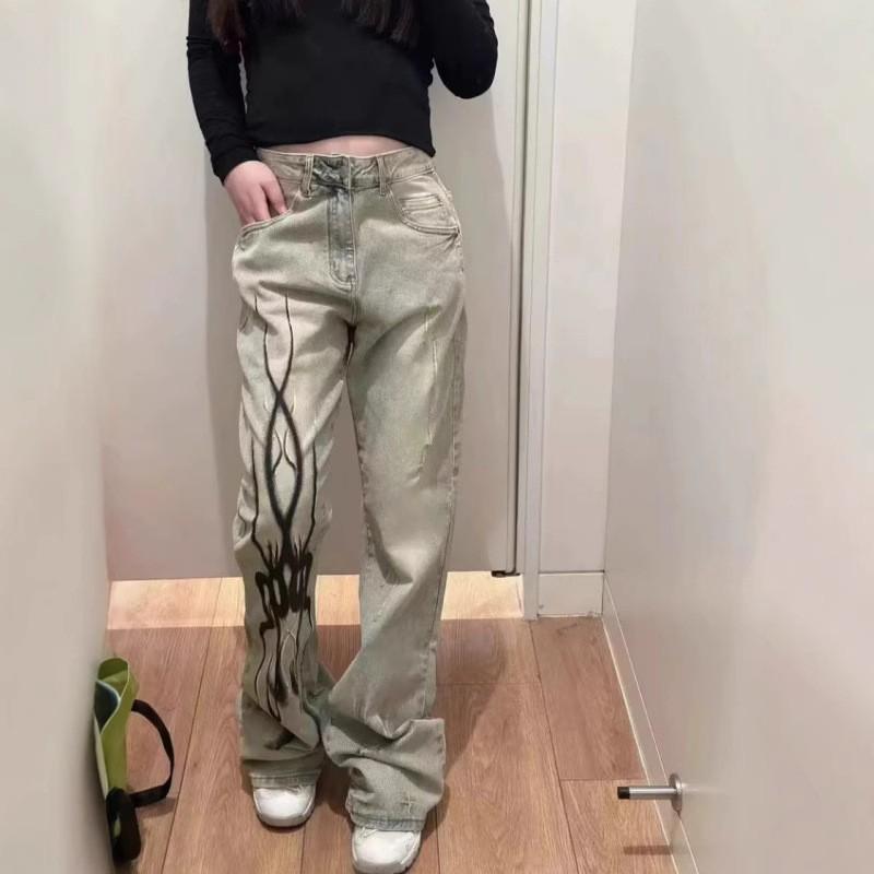 Heren Gewassen Verweerd Slim Fit Uitlopende Jeans Met Vlammenprint Middelhoge Lange Broek Casual Kleding
