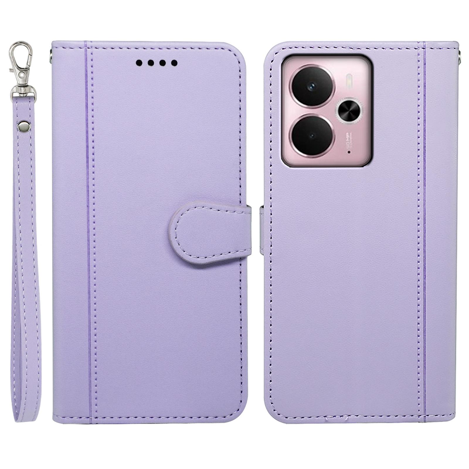 

For Realme 14 5G Wallet Case Magnetic Snap Leather Phone Cover with Strap Purple