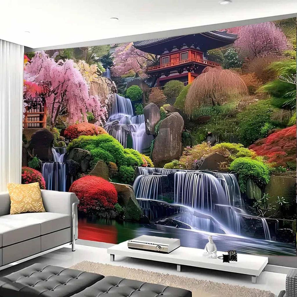 Japanese pink cherry blossom tree wallpaper: mountain wall art, waterfall and spring landscape for bedroom or living room.