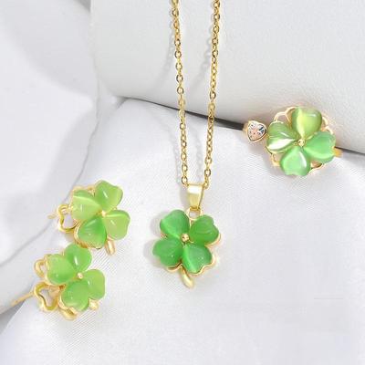 Rotatable Green Four-Leaf Clover Cat's Eye Stone Necklace for Women, Light Luxury and Versatile Love Suit