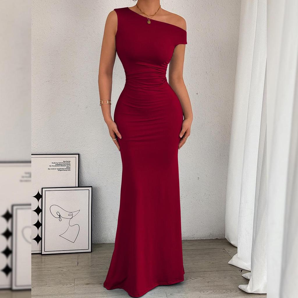 European & American Mermaid One-Shoulder Waist-Draped Sleeveless Dress for Women 2026