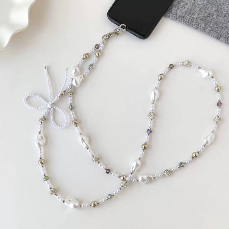 Silver Pearl Bow Diamond Ball Phone Lanyard With Pvc Strap For Women And Men
