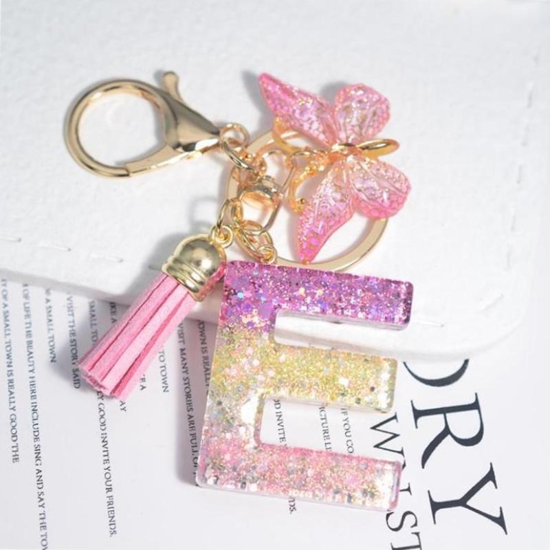 Fashion 26 English A-Z Initial Letter Resin Keychain Cute Butterfly Tassel Keyring Backpack Charm Pendent Accessories Gift