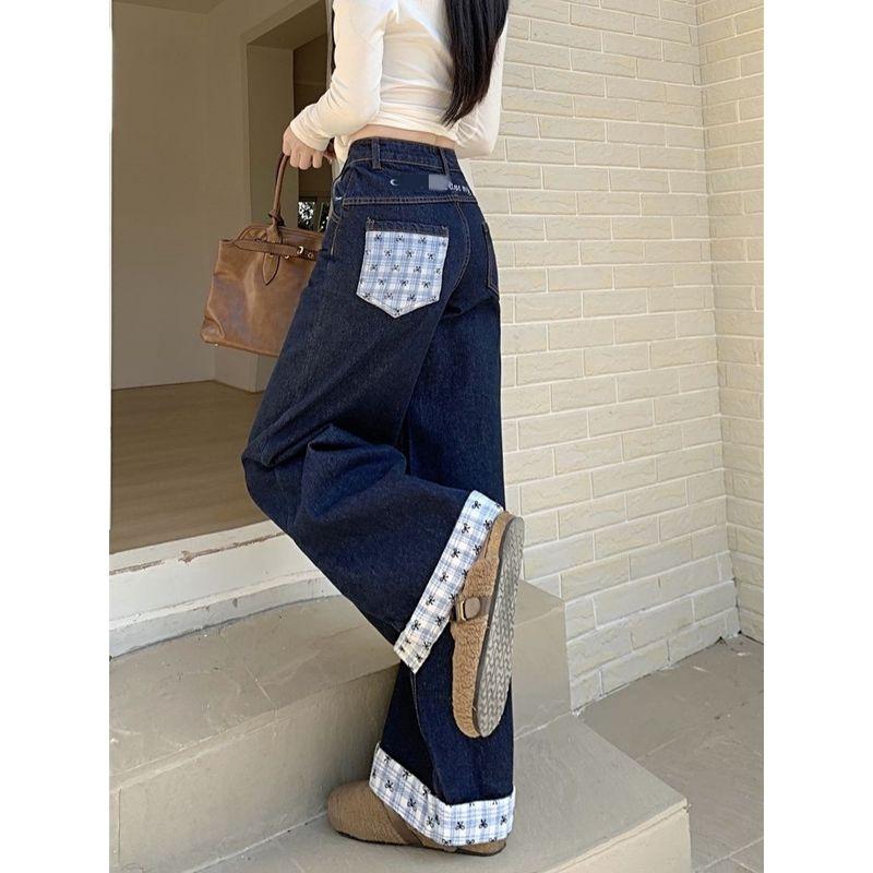 Real Shot American Letters Embroider Bows Gingham Color Contrast Patchwork Denim Summer Loose Wide Leg Mop Pants