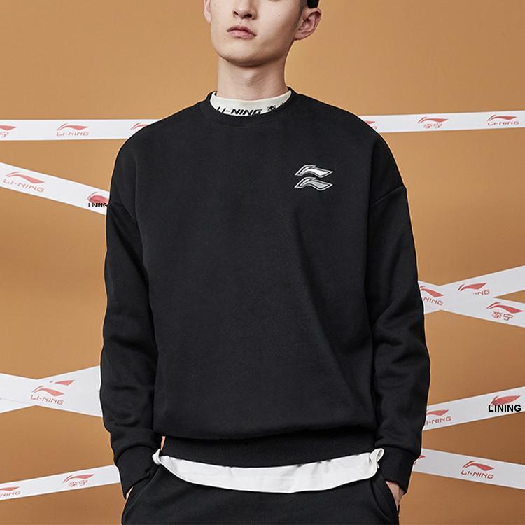Li-Ning Casual Sports Fleece Loose Round Neck Pullover Sweatshirt Men Sweatshirt Standard-Black AWDQB71-2