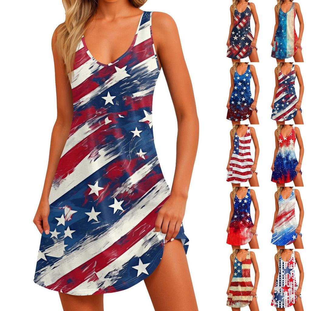 Women's Casual Print Sundress With Pockets Summer Boho Beach Dress T-Shirts Dress V Neck Loose Tank Dresses