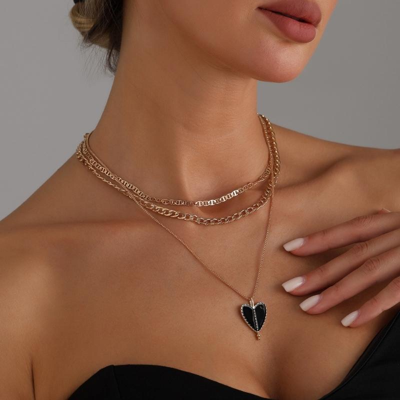 Elegant Drip Glaze Heart Charm Necklace Multi Layering Pendant Jewelry Accessory Adjustable Length Retro Design