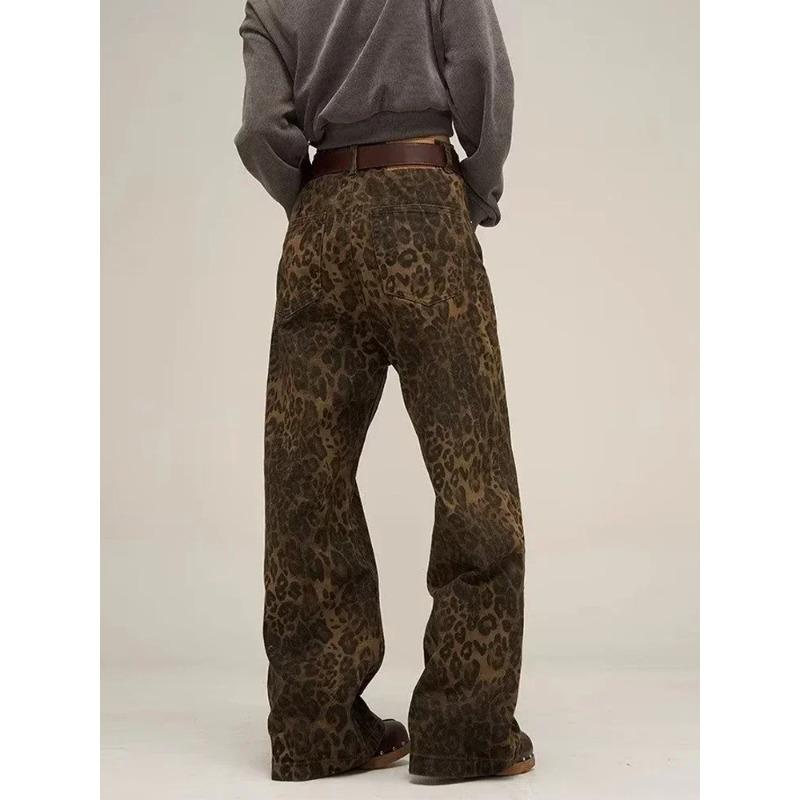 Tan Leopard Jeans Women Denim Pants Female Oversize Wide Leg Trousers Streetwear Hip Hop Vintage Clothes Loose Casual