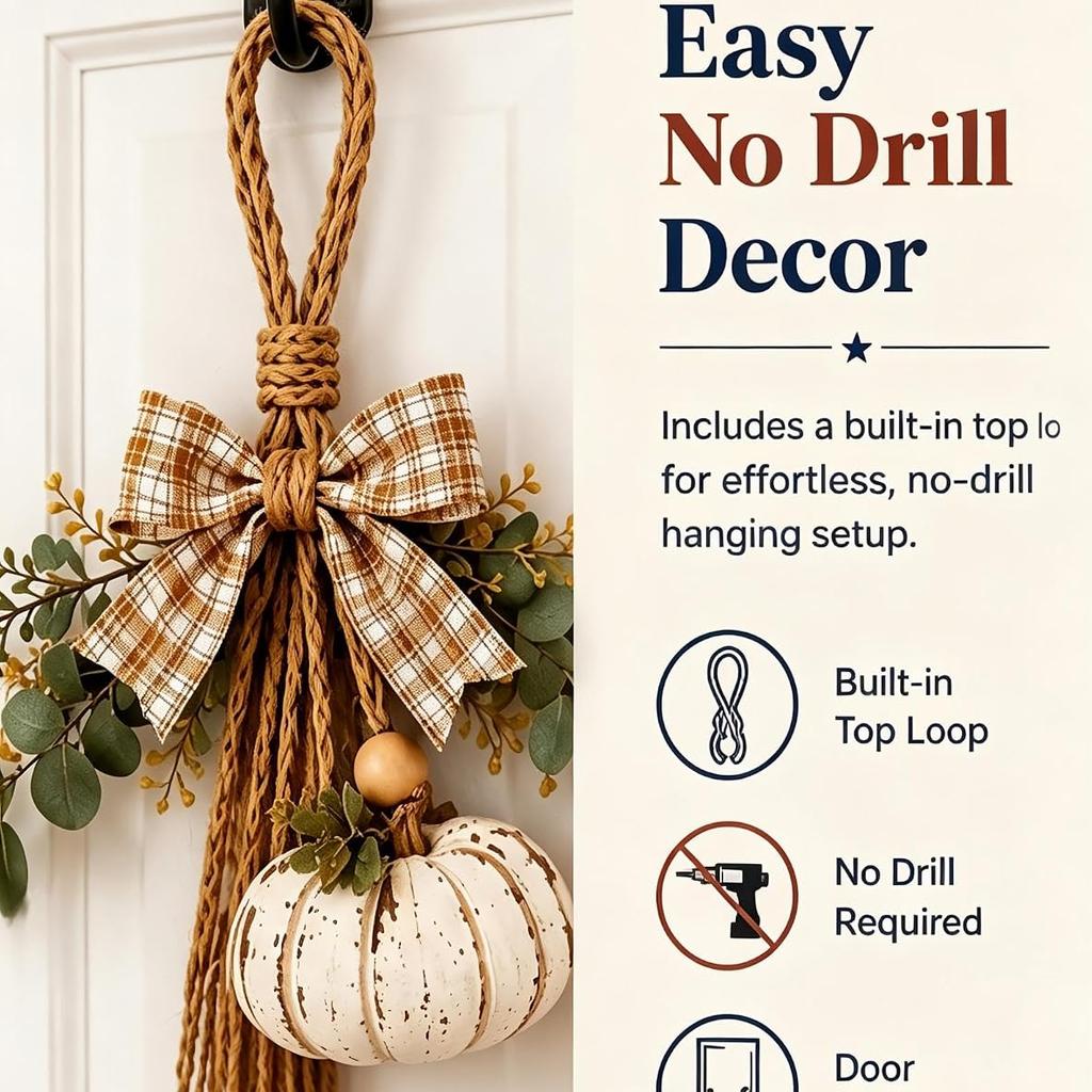 Rustic White Pumpkin Hanging Swag Fall Wall & Door Decor Distressed Wooden Pumpkins with Plaid Bow and Optional Warm LED Lights for Farmhouse Fall