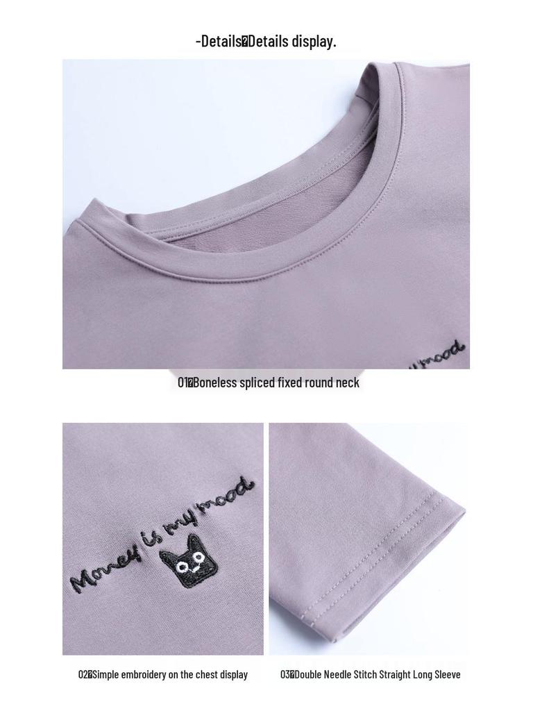 Damen Besticktes Rundhals Langarm T-Shirt, Herbst/Winter, Koreanischer Stil, Übergröße, 95% Baumwoll-Basisschicht