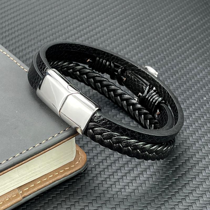 Fashion Charm Cross Men Bracelet Multilayer Leather Bracelet Punk Jewelry Stainless Steel Magnetic Clasp Bangles Boho Bracelet