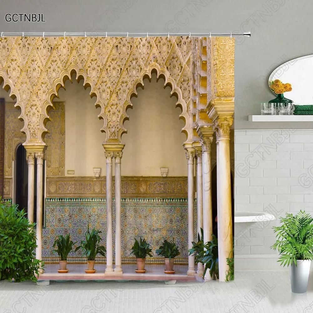 Moroccan Yellow Antique Arched Doors Shower Curtains Old Vintage Wooden Door Bathroom Waterproof Fabric Bath Curtains With Hooks
