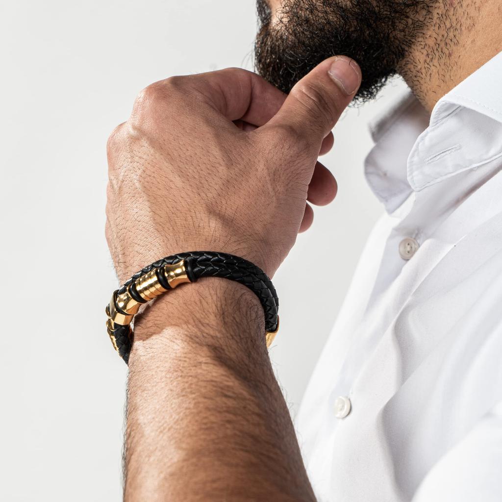 Bracelet 23cm Gold with Gift Box Genuine Leather Braided Cowhide Adjustable Magnetic Clasp Wrap Jewelry Rope for Men Boys Band Accessories [SERASAR]