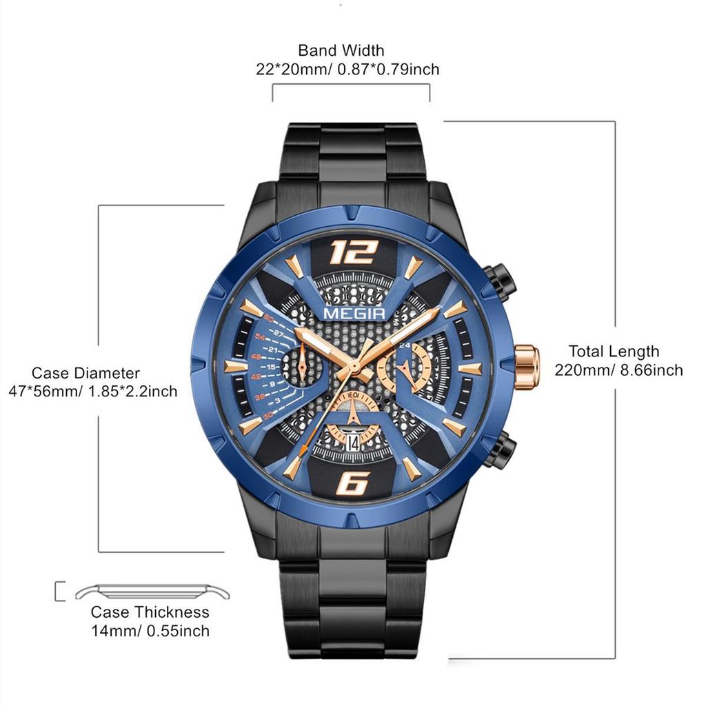 MEGIR Fashion Men's Watches Waterproof Stainless Steel Business Casual Wristwatch with Chronograph Male Clock Reloj Hombre 2221