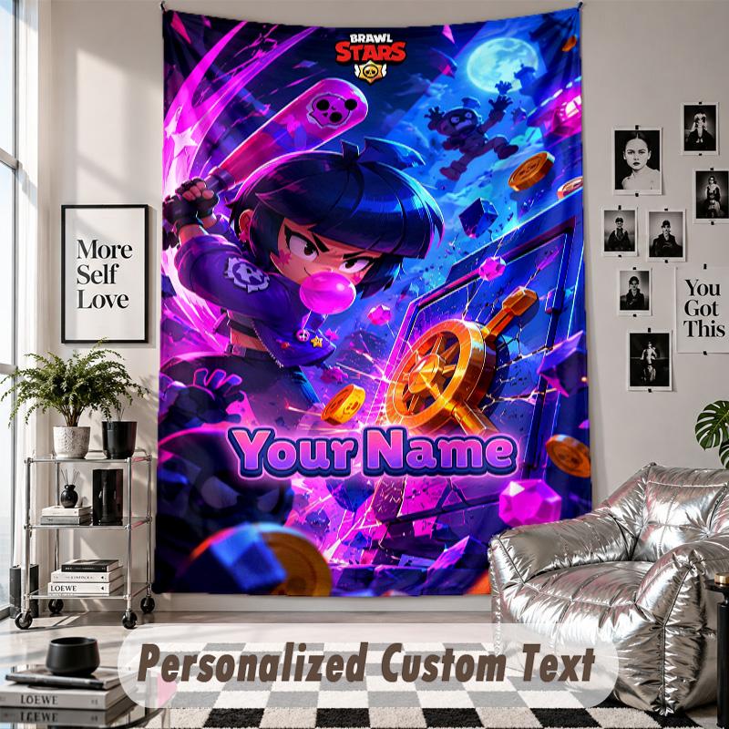 Wall Hanging Tapestry With Custom Name & Text, Brawl Stars Decorative Tapestry For Bedroom