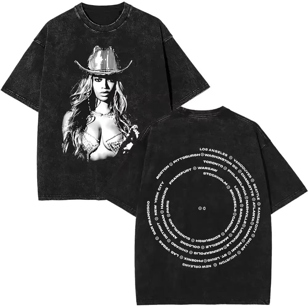 Singer Beyonce Pop Music Album Logo Washed Tshirt Cowboy Carter T Shirts Men Vintage Oversized Tee Shirt Casual Cotton Tshirts