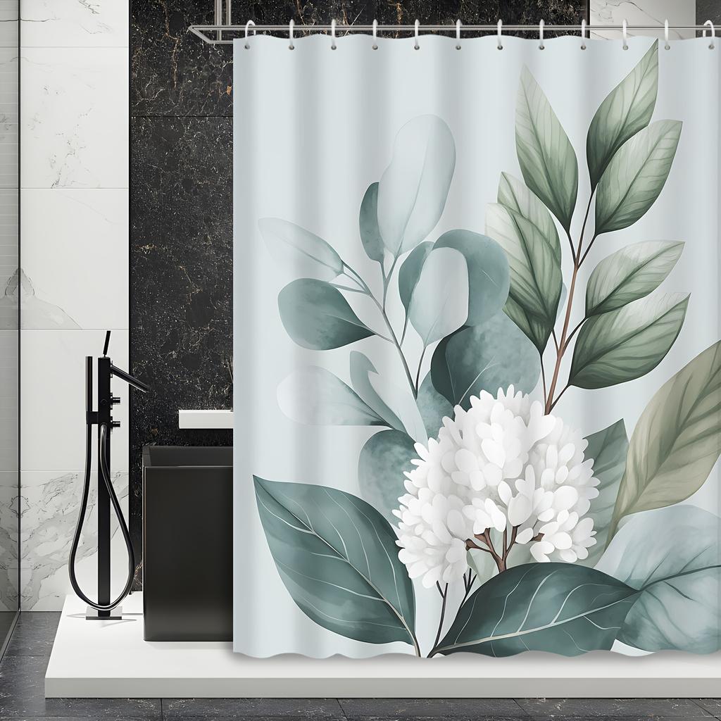 1 pièce Rideau de douche Vert Feuillage Eucalyptus Blanc Floral, Rideau de douche Imprimé Avec Crochets, Tissu Polyester, Lavable en Machine