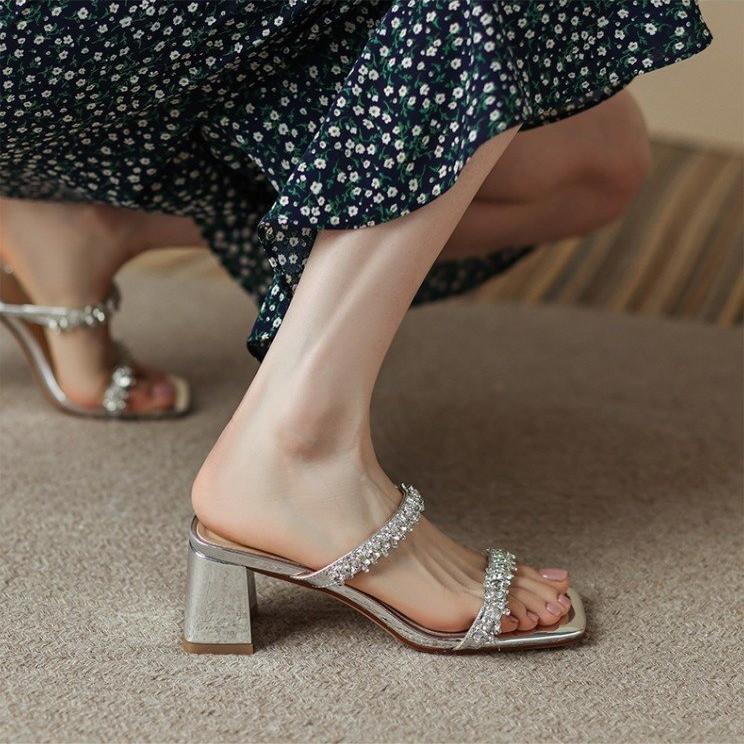 Sandals women's summer square head high heels thick heel rhinestone word with sandals open toe temperament celebrity style slippers