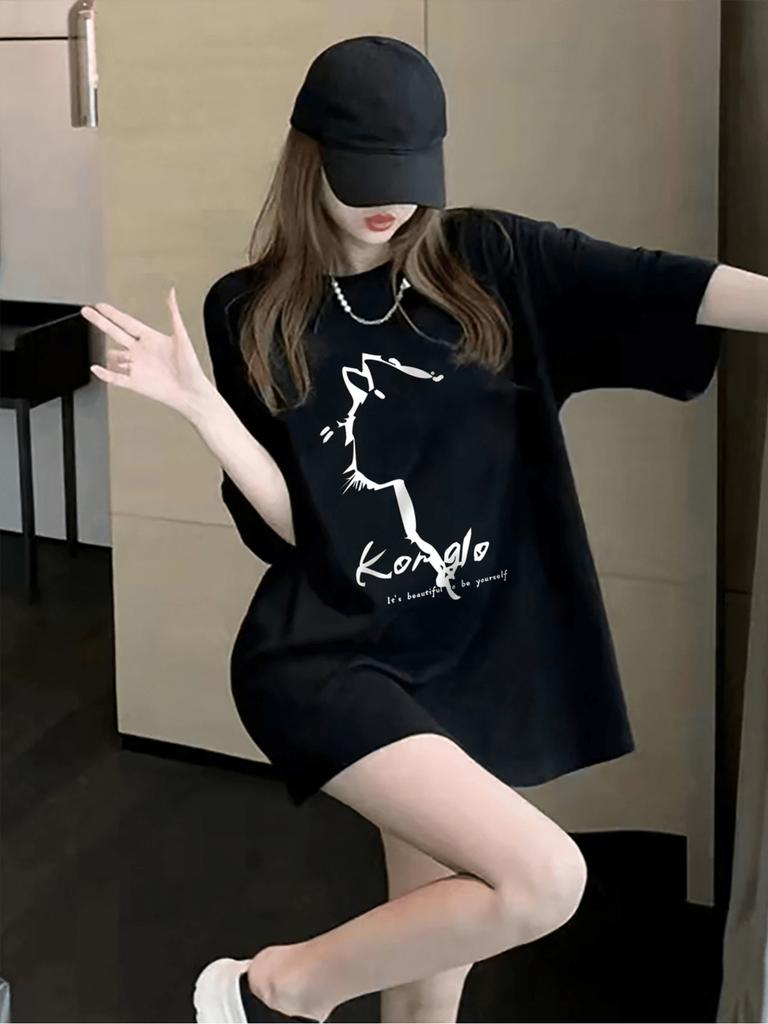 Damen T-Shirt| Lässiger Rundhalsausschnitt| Kurzer Ärmel| Schwarz mit Weißem Katzenaufdruck| Atmungsaktiv und Bequem| Nicht-elastisches Gewebe| Ideale Wahl für den Frühling