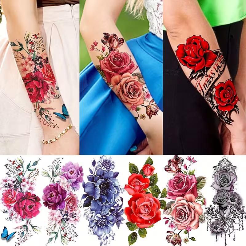 10 Sheets 3D Colorful Peony Rose Flower Temporary Tattoos | Water Color Fake Tattoos Arm Sleeve, Realistic Watercolor Floral Temp Tattoo Sticker