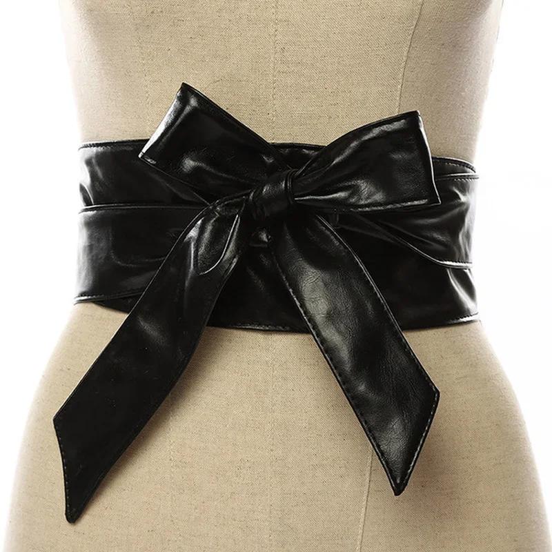 Solid Color Leather Cummerbunds for Women Wide Waist Belt Bow Self Tie Wrap Brand Ladies Fashion Strap Wide Waist Belts Gifts