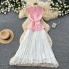 French gentle wind sleeveless lapel dress women's summer high waist pleated splicing dress elegant temperament