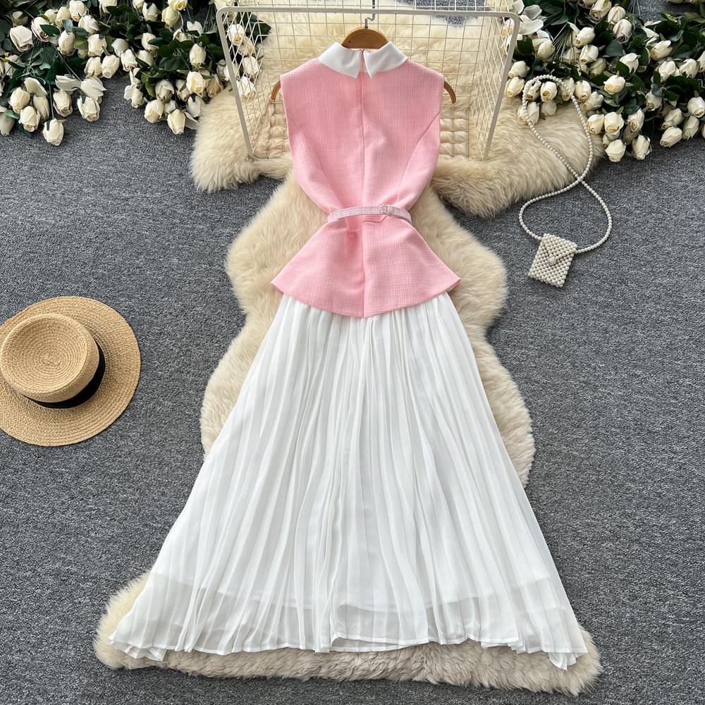 French gentle wind sleeveless lapel dress women's summer high waist pleated splicing dress elegant temperament