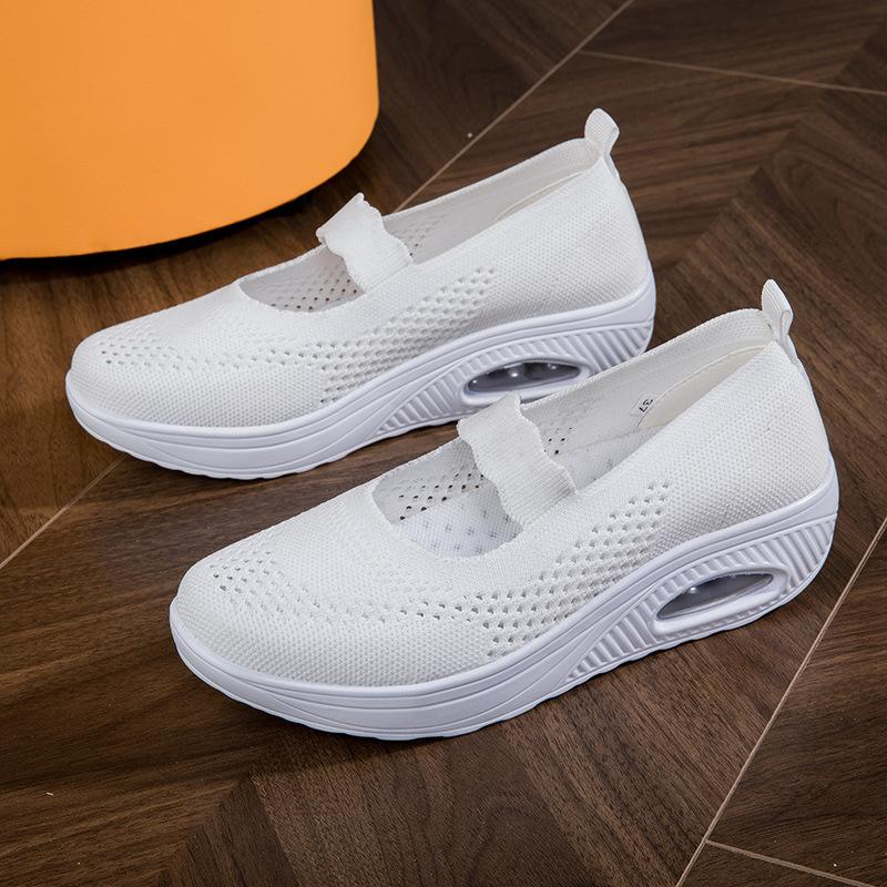 

Летающие тканые туфли-качалки женские, закрывающие стопу, толстая подошва, увеличивающие рост, воздушная подушка, новая повседневная обувь, сетчатые дышащие повседневные женские туфли 42 белый