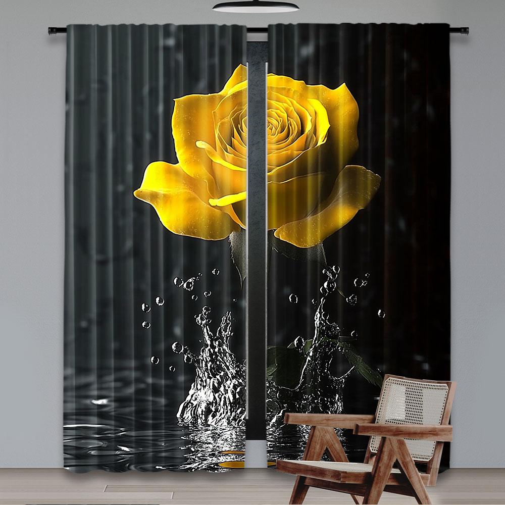 2Pcs Floral Curtain Yellow Roses In Water Black Curtain Modern Flowers Floral For Bedroom Living Room And Dining Room B