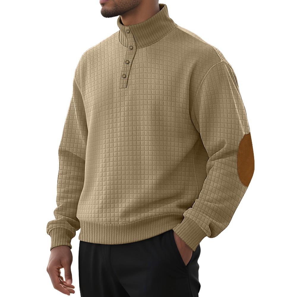 Lightweight Casual Sportswear for Men Jacquard Small Check Pattern Stand-Up Collar Long-Sleeved Pullover Button-Front Outdoor Sweatshirt