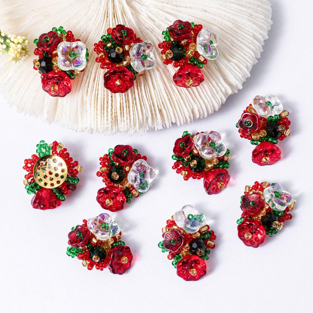 Festive Red Floral Cluster Christmas & New Year Earrings/Clips