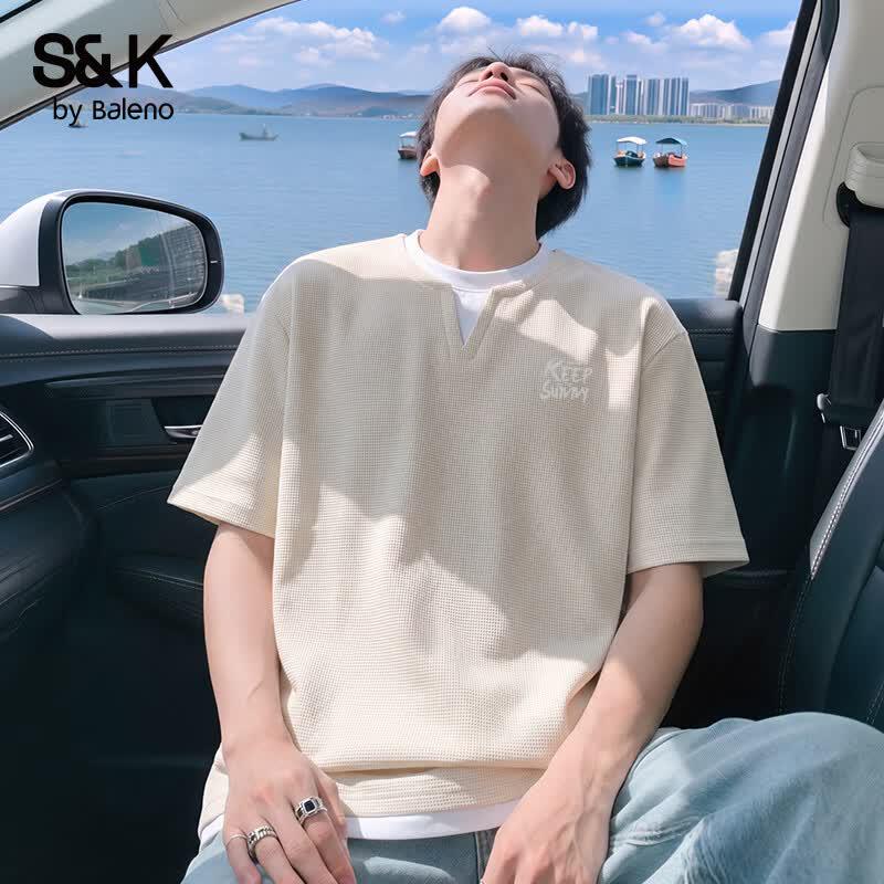 

Baleno Men s Summer V-Neck Waffle Knit Fake Two-Piece T-Shirt 3XL