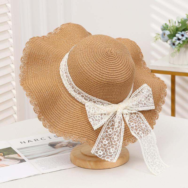 Summer Bow Sun Hat Female, Seaside Beach Vacation Sun Hat Outdoor Big Brim Sun Hat Sweet Straw Hat
