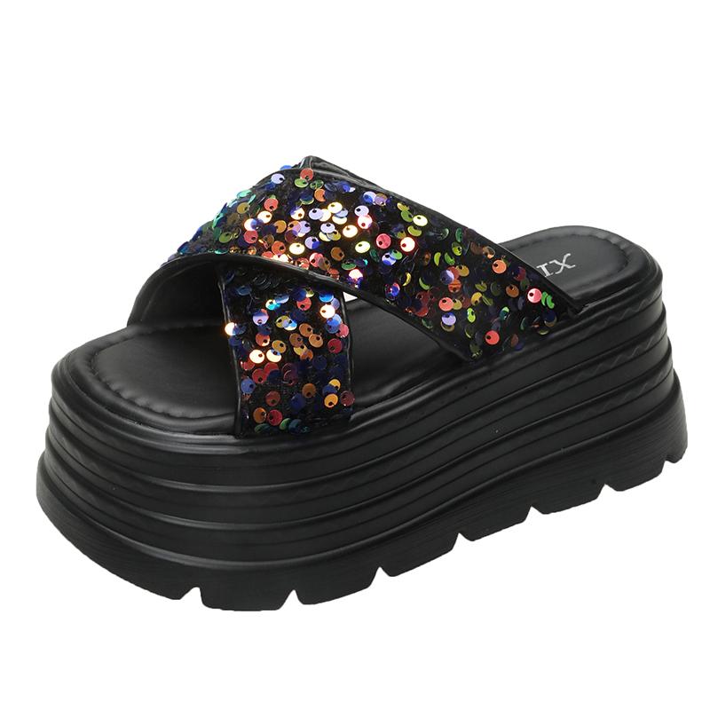 Fashion 8.5cm Synthetic Slip On Platform Wedge Fashion Sandal Bling ROME Ladies Beach Shoes Peep Toe Pumps Summer Slippers Fashion Shoes
