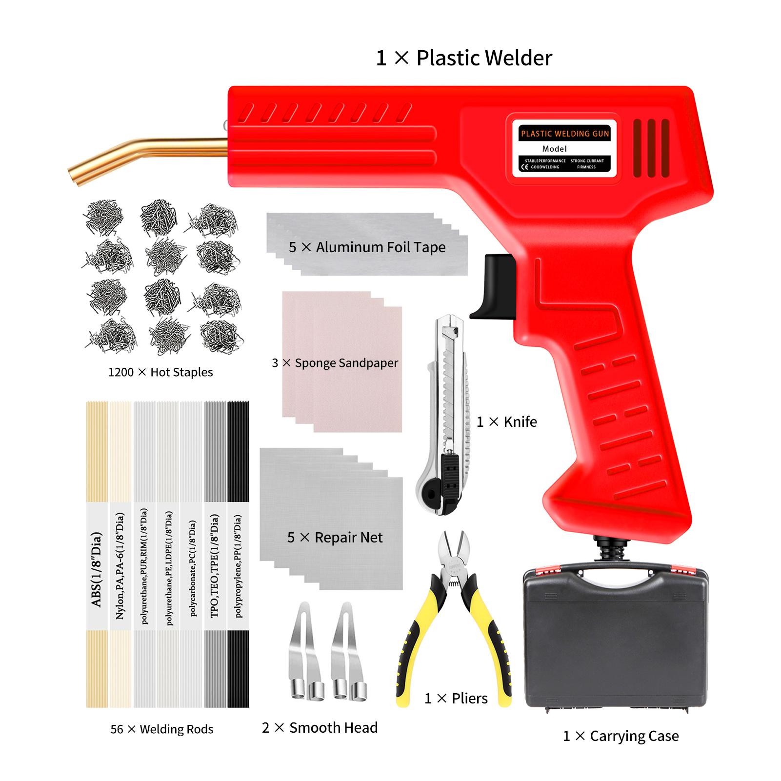 

Пластиковый сварочный аппарат 220 Вт, комплект для сварки пластика с 1200 шт., пистолет для пайки горячим степлером и 56 шт., сварочные аппараты EU красный